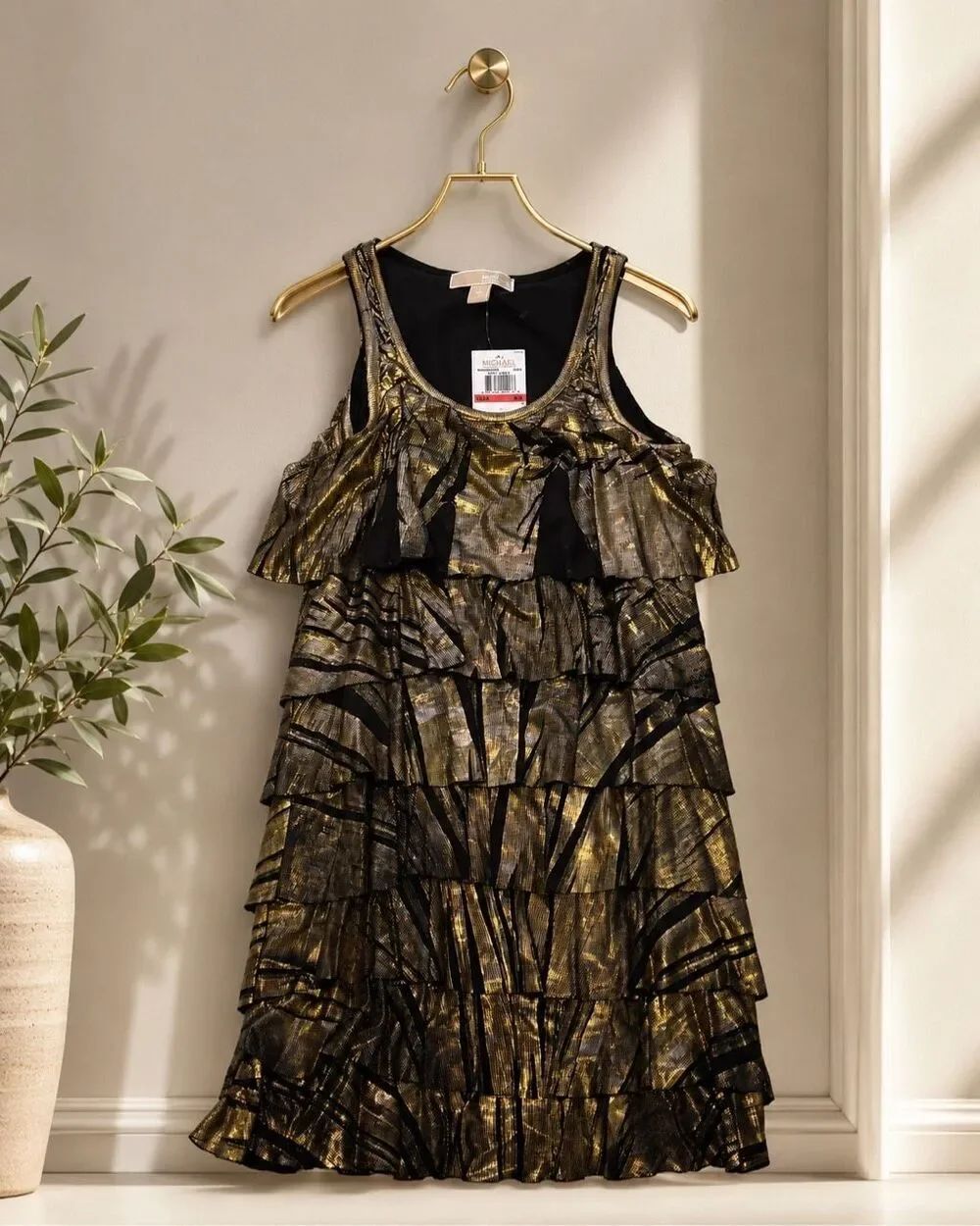 Nwt Michael Kors Metallic Gold Ruffle Flounce Tiered Ruffle cocktail Dress Xs Ne